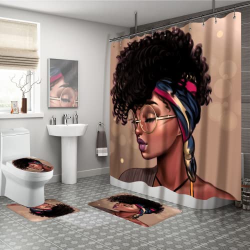 Glasses Black Girl Bathroom Sets with Shower Curtain and Rugs, 4 Piece Durable African American Waterproof Shower Curtain Set with Rugs and Accessories,Black Woman Bathroom Decor Sets with 12 Hooks
