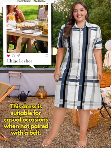 Image of ChiaoLezhee Plus Size Shirt Dress, Colorful Plaid Match Waistband, Fits 1XL-5XL
