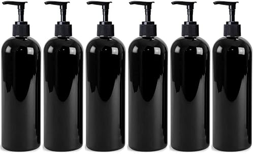 Paquete de 6 botellas de plástico delgado de 16 onzas (16.1fl oz) con dispensadores de bomba de loción negra, botellas de jabón de loción de champú,