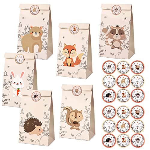 12 Pcs Animaux Sac Cadeau avec 18 Autocollants Sac Papier Bonbons Pochette 22 * 12 * 8 cm Sachet Cadeau Enfant pour Anniversaire Fête Noël, 6 Motifs