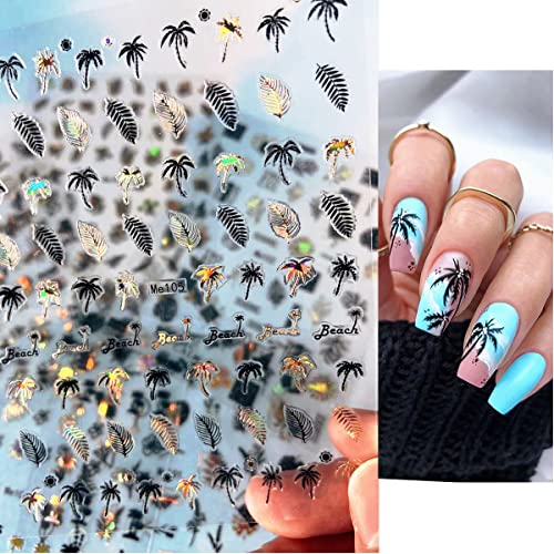 Summer Beach Nail Art Stickers Decals Gold Black Bronzing Coconut Tree Nail Stickers 3D Self-Adhesive Nail Art Supplies Summer Tropical Palms Trees Leaves Nail Decals For Acrylic Nails Decoration #TOP2