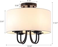 Vista 4 de VILUXY Lámpara de techo de montaje semiempotrado con pantalla de tambor de tela en color blanco roto, lámpara de araña moderna con acabado negro