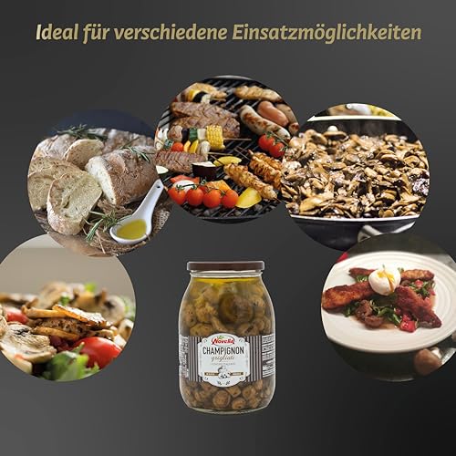 Novella CHAMPIGNON GRIGLIATI - Gegrillte Champignons im Glas – 1062 g - Pilz-Vorspeise aus Italien - eingelegt in Ölmarinade