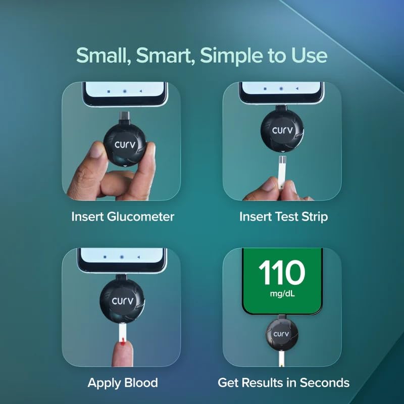 Image of BeatO CURV Smartphone Connected Glucometer | Free 100 Glucometer Strips & 100 Glucometer Lancets | Sugar Testing Machine | Type-C USB Connector | Simple & Accurate Glucometer for Home | ISO Certified: Made in India