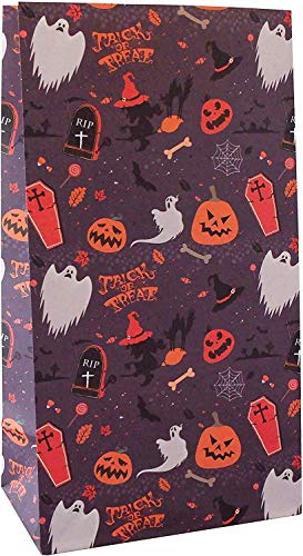 Halloween Treat Bag - 24-Count Halloween Pattern Design with Ghost Witch Pumpkin RIP Printed on Purple Kraft Paper Goodie Favor Bags - Halloween Party Supplies for Halloween Party Favor - 9.5