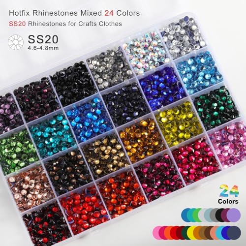 Image of Hotfix Rhinestones Mixed 24 Colors,SS20 /3456pcs | Mat: glass,5mm,DIY,for crafts clothes,with tweezers,wax pencil and spoon