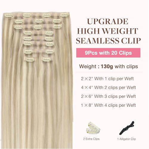 Image of GOO GOO Clip in Hair Extensions Real Human Hair, Remy Human Hair Extensions Clip ins for Women, Natural Human Hair, 14inch 130g 9Pcs, 17A /60A Ash Blonde Highlighted Platinum Blonde