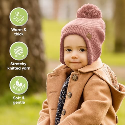 Image of Baby Beanie Winter Hat 6-36 Months - Cute Pom Winter Baby Hats with Earflaps, Soft & Stretchy Knit Toddler Beanies for Infant, Newborn 6-36 Months Boys, Girls, Cozy, Warm Fall Essentials (Tea Rose, M)