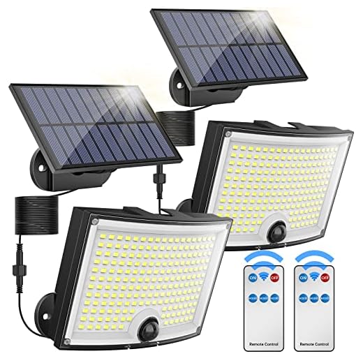 KagoLing Solarlampen für Außen mit Bewegungsmelder, Solarleuchten für Außen 202 LED 180°Beleuchtungswinkel 3 Modi Solar led lampen IP65 Solar Wandleuchte Aussen für Wand 5m Kabel 2 Stück