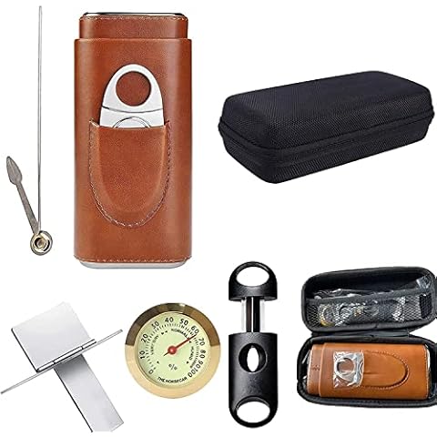 DisplayForever 3-Finger Brown Leather Cigar Case Kit with Silver Stainless Steel Cutter | Dual Purpose Cigar Punch Tool | Round Hygrometer for Cigar Humidor | V-Cut Cigar Cutter |Foldable Cigar Holder Cover