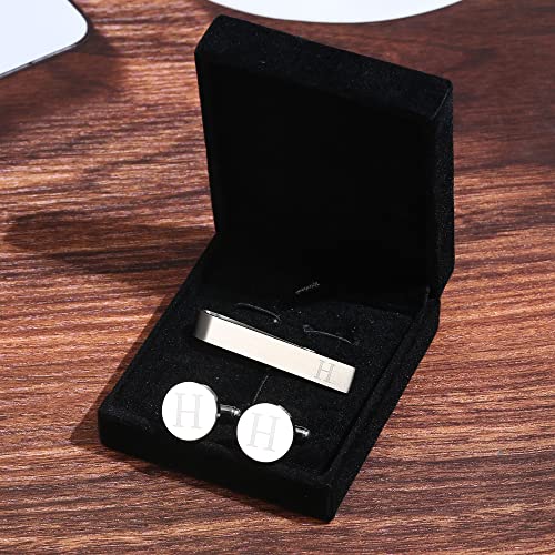 Image of LOYALLOOK Initial Cufflinks and Tie Clip Set for Men Silver Personalized Cuff links and Tie Bar Letter Alphabet A-Z Gift for Father Husband Valentine Gifts for Men