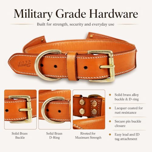 Image of Genuine Leather Tuxedo Shirt Dog Collar, Large, Tan, Cushioned Padding | Brass Buckle, Large, D Ring, Heavy Duty, Padded, Fit Neck Size 18.5 inch-22.5 inch