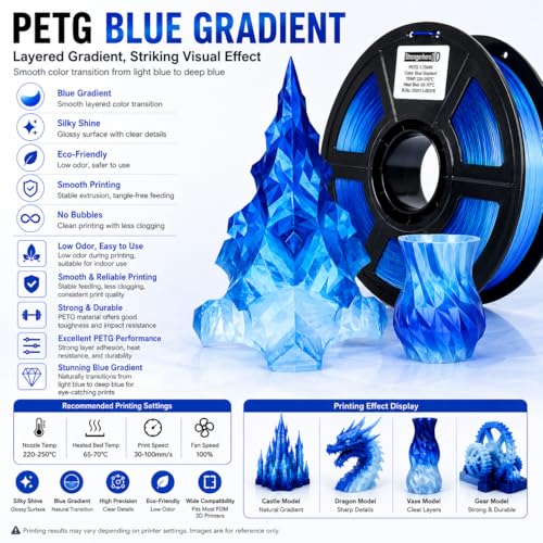 Image of PETG 3D Printer Filament 1.75mm,Ice Blue Gradient,Translucent Crystal Blue,3D Printer Filament, Glossy PETG Filament for FDM 3D Printing 1kg(2.2lbs)