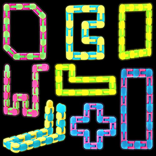 Vanblue 8Pcs Glow in The Dark Wacky Tracks Snap Click Fidget Toys for Kids Light Up 24 Links Twist and Shape Snake Toys Stress Relief Fidget Wacky Toys for ADHD Kids and Adults