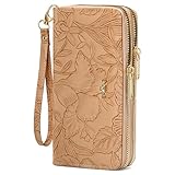 RNIEGA Cartera de mano para mujer con doble cremallera alrededor del tarjetero de cuero de gran capacidad, A-caqui