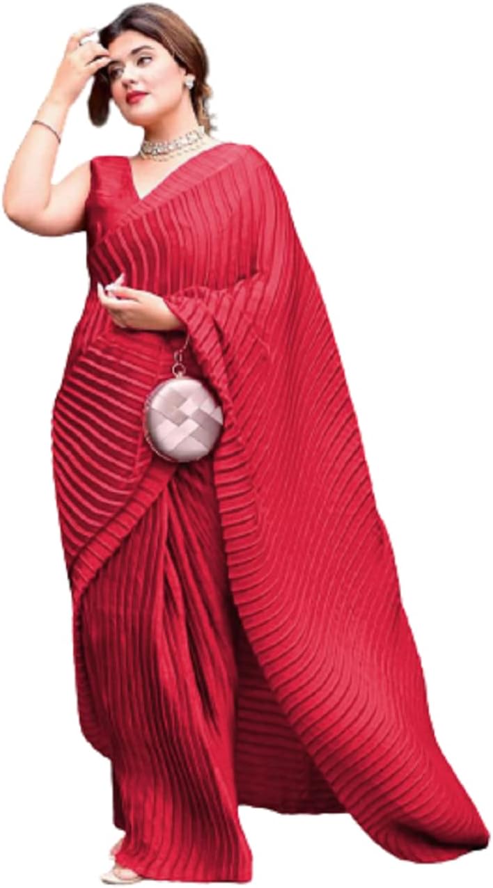Clickedia Women's Vichitra Silk Crush Heavy crease Work Saree With Banglory Silk Blouse Piece.