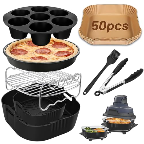 8 Stück Airfryer Zubehör für Ninja Crispi Portable FN101EU Ninja Crispy Zubehör Silikonform Heißluftfritteuse Zubehör Enthält 2 Silicone Insert Edelstahlgrill etc. BPA-Frei Spülmaschinenfest