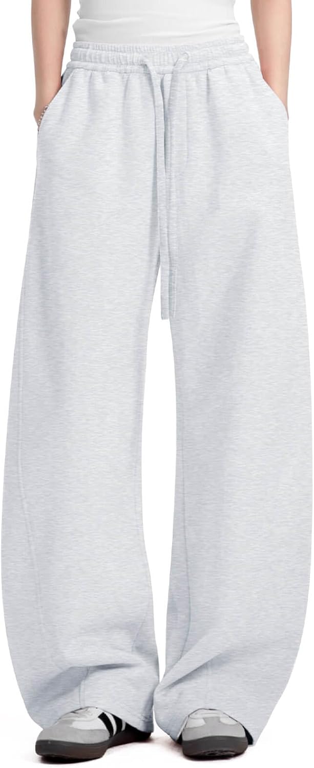 Womens Barrel Sweatpants Fleece Lined Wide Leg Sweat Pants Cotton Elastic Waisted Trousers with Pockets