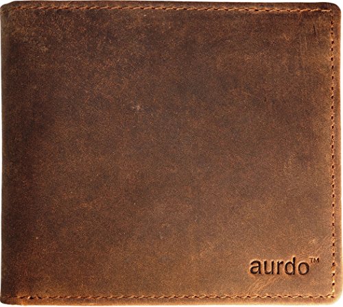 AurDo RFID Blocking Extra Capacity 18 Pocket Trifold Bifold Mens Wallet With ID Window, High-End Build Top Grain Leather (Hunter Natural Brown)