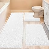 ACCUMTEK Upgrade Extra Large White Bathroom Rug Set 3 Pieces Ultra Soft, Thick Absorbent Bath Mats, Non Slip Chenille Toilet Mat for Bathroom, Bedroom, Kitchen