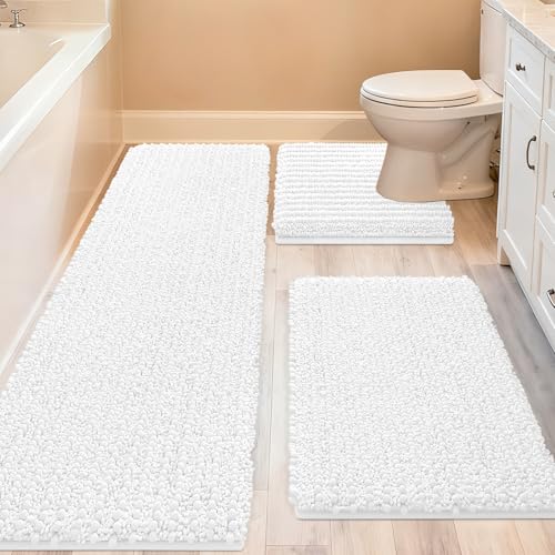 ACCUMTEK Upgrade Extra Large White Bathroom Rug Set 3 Pieces Ultra Soft, Thick Absorbent Bath Mats, Non Slip Chenille Toilet Mat for Bathroom, Bedroom, Kitchen by ACCUMTEK - Used condition - US$31.53