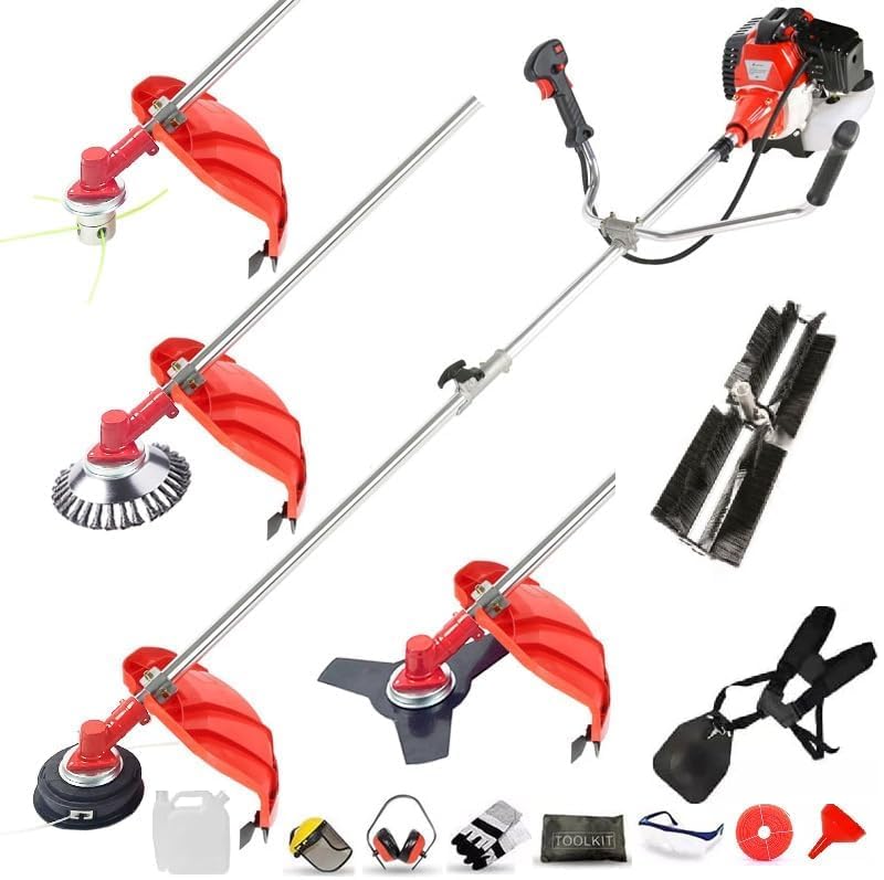 DEALOURUS 52cc Multi Garden Tool 4 in1 Petrol Strimmer Grass line Trimmer 3T Blade, Steel Wire Strummer Weed Brush Cutting Blade Sweeper brush. Great Outdoor Power Tool