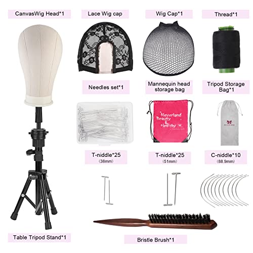23 Inch Wig Head,Wig Stand Tripod With Head,Canvas Wig Head Stand With Mannequin Head For Wigs,Manikin Head Block Set For Wigs Making Display With Wig Caps,T Pins Set,Bristle Brush #TOP1