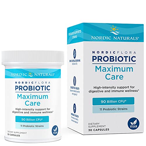 Nordic Naturals Nordic Flora Probiotic Maximum Care - 30 Capsules - 11 Probiotic Strains with 90 Billion Cultures - Immune Support, Digestive Health - Vegan - 30 Servings