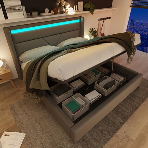 Merax Polsterbett 140 x 200cm mit LED-Beleuchtung, Hydraulisches...