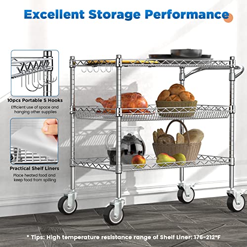 Leteuke Heavy Duty 3 Tier Rolling Utility Cart,Nsf Certified 990Lbs Capacity Rolling Carts With Wheels,Commercial Grade Metal Cart With Handle Bar & Shelf Liner,Trolley Serving Cart For Kitchen,Chrome #TOP6