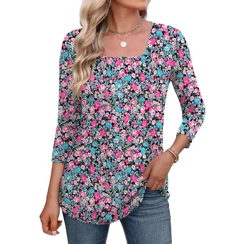 LOMON Women's 3/4 Sleeve Shirts Square Neck Summer Tops Dressy Casual Basic Tees Ladies T Shirts Blouses Black Pink Floral Medium