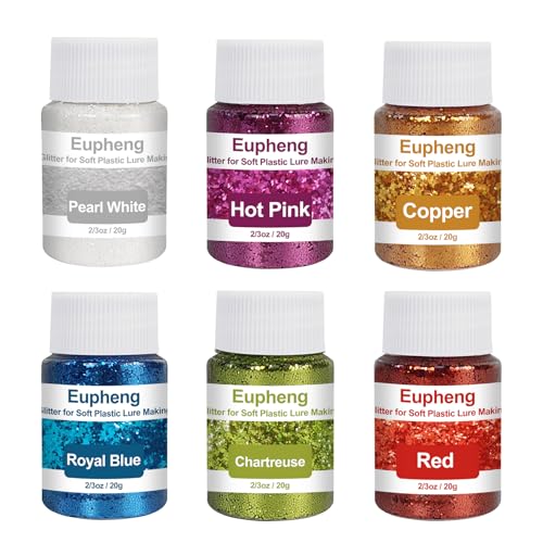 Eupheng 6 Colors Glitter for Soft Plastic Lure Making, Premium Fishing Lure Glitter Powder, Heat/Solvent Resistant, 2/3oz Each