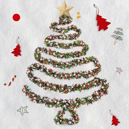 Mega-Loopolis Christmas Snowflake Tinsel Garland, 26.25Ft Red Silver Green with Snowflake Chunky Glittery Holiday Hanging Tinsel Decorations for Christmas Wedding Birthday Party Supplies Home Decor