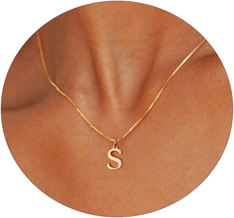 Gold Initial Necklaces for Women,Dainty 14k Gold Plated Letter Necklaces Cute Tiny A-Z Letter Pendant Necklace Trendy Simple Waterproof Box Chain Necklace Personalized Monogram Name Necklace for Delicate Jewelry Gift