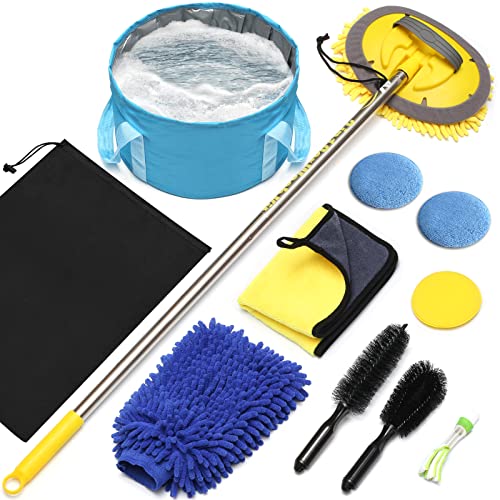 Botocar Car Wash Mop Kit 11Pack, 63'' Stainless Steel Car Washing Brush with Long Handle, Car Wash Brush Kit with Bucket, Car Wash Cleaner Kit, Car Wash Mitt, Car Wash Set for RV/Truck/SUV/Home Car