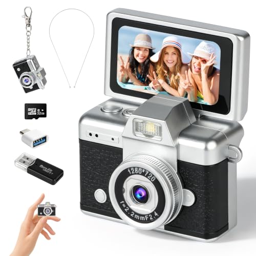 Mini Flip Screen Digital Camera, 1.47 Inch Pocket Retro Camera with USB-C Charging, 1080P/720P Video, MicroSD Support Up to 128GB, Portable Keychain Camera (Black)