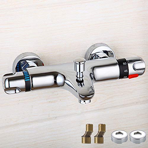 FlowersSea Grifo de Termostático Montado en la Pared Moderno Grifo mezclador para agua caliente y fría,Griferias termostaticas en latón,color plateado