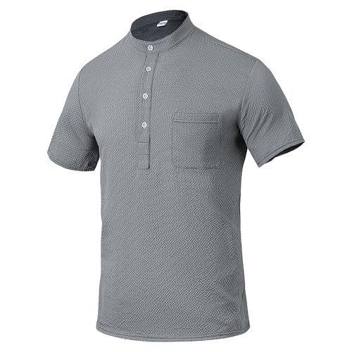 Zylphorix Men Quarter Button Short Sleeve T-Shirt Stand Collar Breathable Plaid Shirts Summer Cozy Workplace Polo Pullover (Dark Grey,Medium)