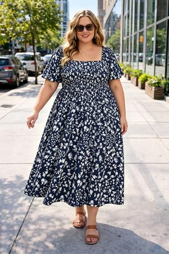 Image of RITERA Plus Size Dresses for Curvy Women Square Neck Short Sleeve Summer Floral Smocked Maxi Dress with Pocket XL-5XL