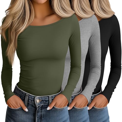 Neer 3 Pack Women's Tight Long Sleeve Shirts, Slim Fitted Boat Neck Tees Going Out Basic Trendy Y2k Tops