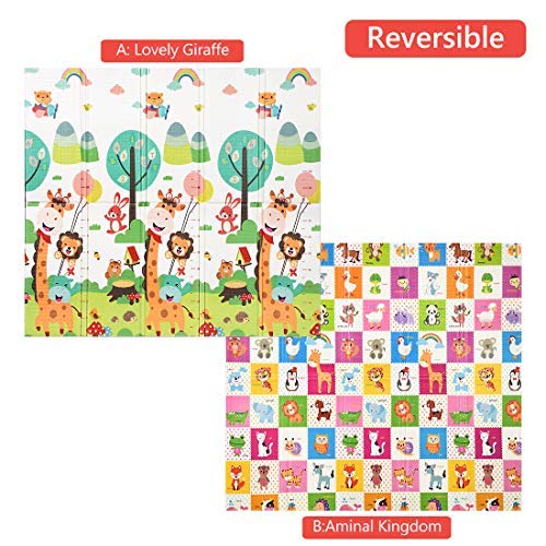 Foldable Play Mat |【Easy to Clean, Fold Up】Non- BPA Non-Toxic Foam Baby Playmat 79“ x 71inchx 0.6” Thick Extra Large Reversible Crawling Mat Portable Toddlers Kids (Cute Giraff)