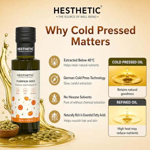 Image of HESTHETIC Cold Pressed Pumpkin Seed Oil 100ml for Hair, Scalp & Skin | Unrefined Virgin Beauty Oil Rich in Zinc & Plant Omega-6 | Glass Bottle | Hair-Thickening Scalp Massage