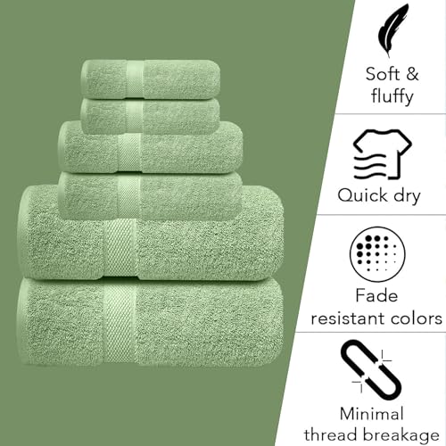 Image of Sulfar 100% Combed Cotton, 6 Pcs Towel Set - 2 Bath Towels (70 x 140 cm), 2 Hand Towels (40 x 70 cm) and 2 Face (30 x 30 cm) (600 GSM, Pack of 6) Nature Green