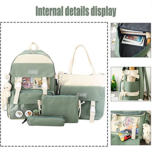 Skyearman 4 Pcs Backpack Combo Set With Bear Pendant Canvas Kawaii School Bag Sets With Pencil Box Lunch Box Bag (Green) #TOP5