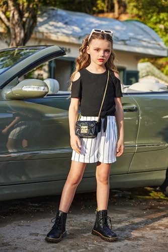 Image of Arshiner Girls Short Sets 2 Pieces Outfits Short Sleeve Tie Knot T-Shirts and Casual Shorts With Pockets Cute Clothes Sets