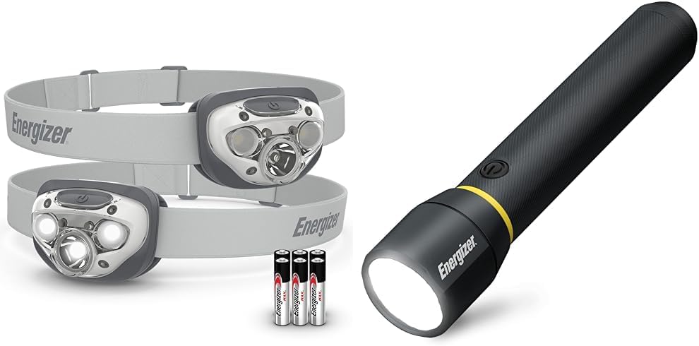 Energizer LED Headlamp PRO (2-Pack), IPX4 Water Resistant Headlamps & LED Flashlight Vision PRO, Ultra Bright 1000+ Lumens, IPX4 Water Resistant, Aircraft-Grade Aluminum LED Light