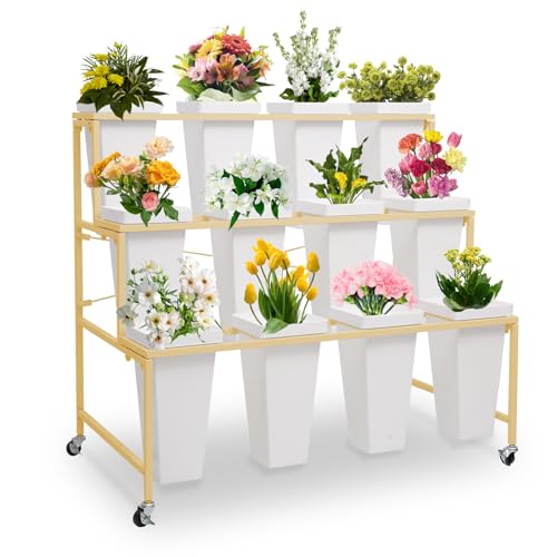 Flower Display Stands with Buckets, 3-Tier Rolling Plant Stand with Locking Wheels - Heavy Duty Metal Flower Cart for Indoor/Outdoor Use, Wedding Decor & Florist Displays (Holds 12 Pots) (Gold)