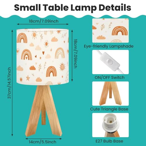 Lámpara de mesa de noche trípode con base de madera y pantalla de lino miniatura 4