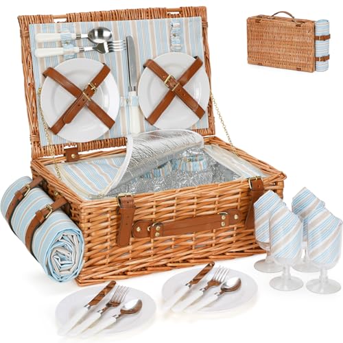 HappyPicnic Wicker Picnic Basket Set for 4 Persons | Large Willow Hamper with Large Insulated Cooler Compartment,...