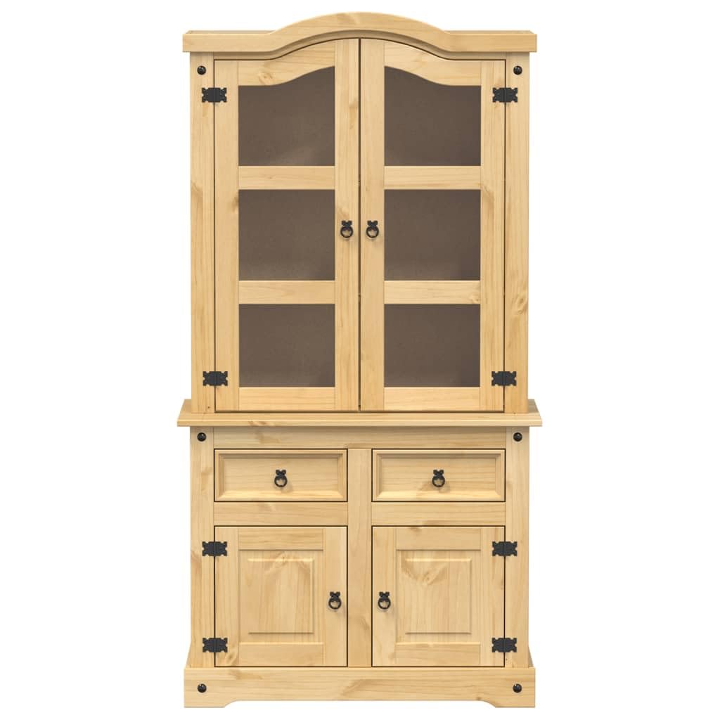 Vitrina Corona 100 x 48,5 x 179 cm, madera maciza de pino acabado en cera de miel, armario rústico con puertas de cristal, espacio de almacenamiento para colecciones, duradero, resistente